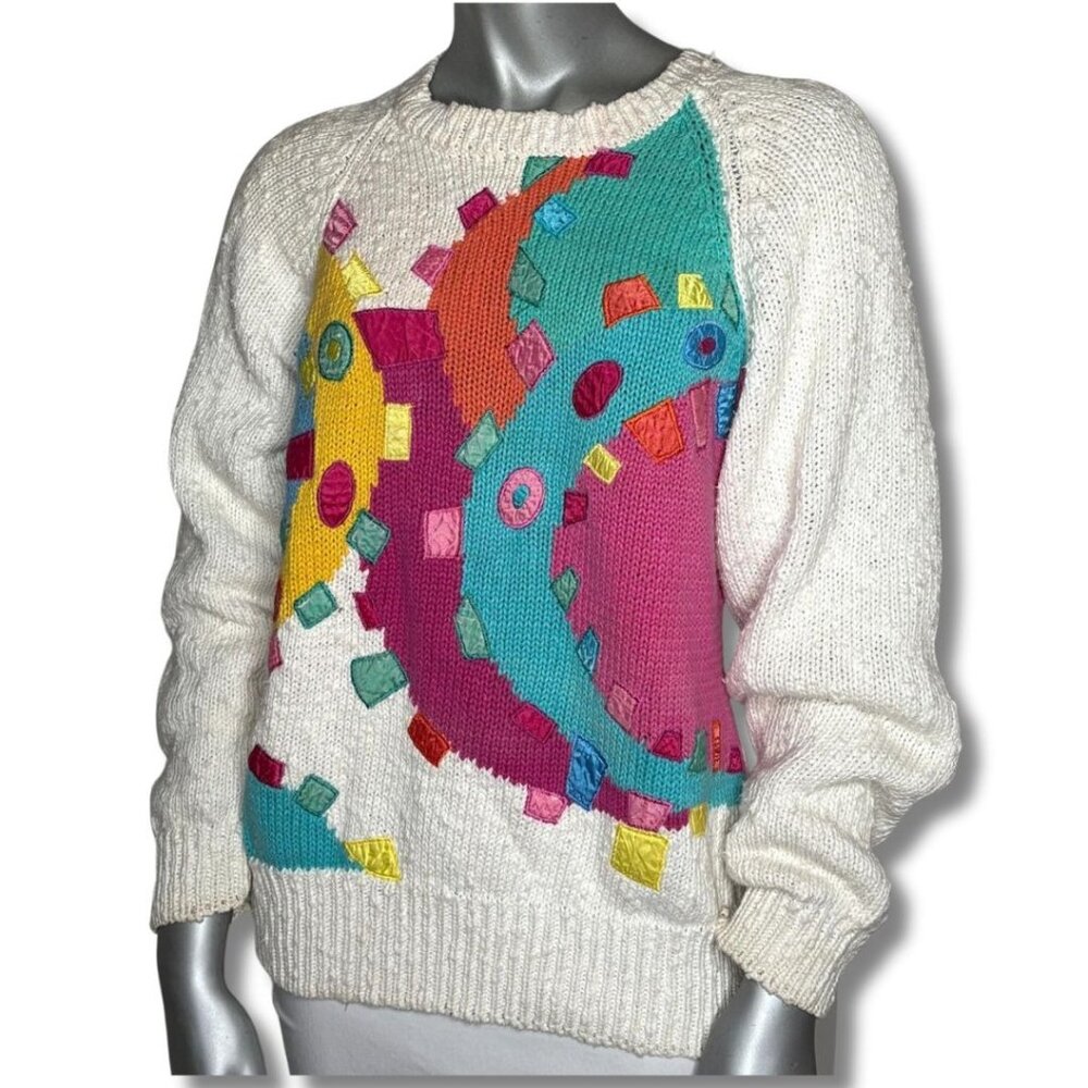 Vintage 80s Bonnie Boerer Colorful Abstract Knit Sweater Ramie Cotton M Pop-Art